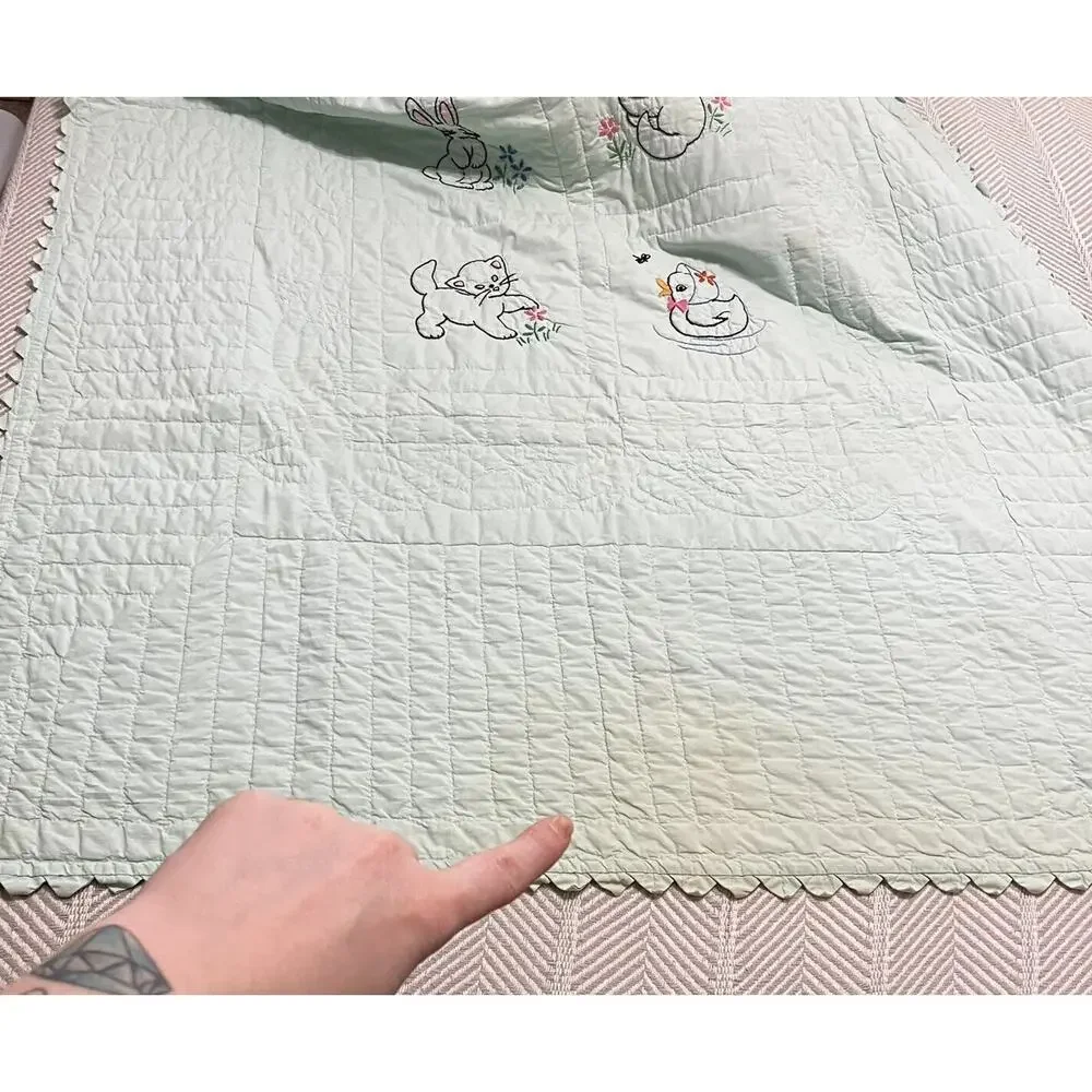 Hand Embroidered Quilt Childrens Mint Green Mid Century Baby Animals 38x68